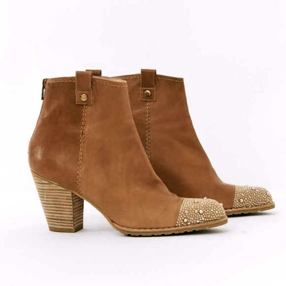 Stuart Weitzman 7.5 Rhinestone Studded Western Ankle Boots Leather Cowboy Brown - Picture 1 of 11